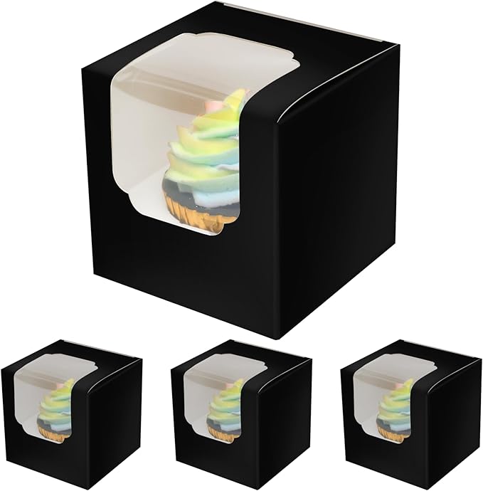 qiqee Black Cupcake Boxes Individual Cupcake Container 100pcs 3.5" x 3.5" x 3.5" Auto-Pop up Single Cupcake Boxes(100 Boxes+100 Inserts)