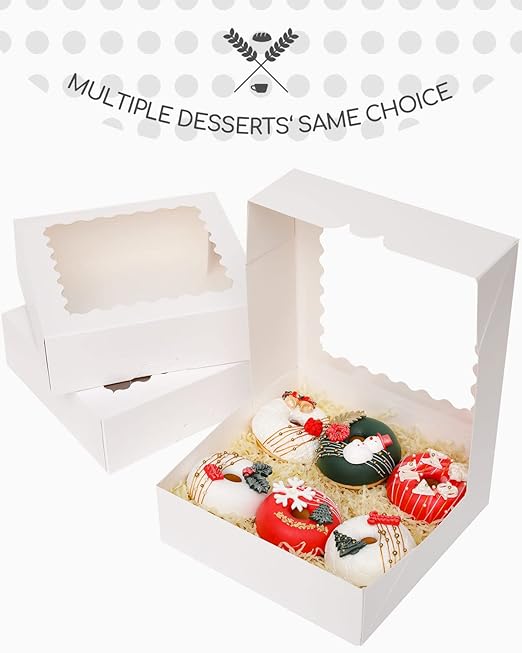 qiqee Auto-pop up 50 Packs Bakery Box With Window 8x8x2.5 inch White Pie Boxes Pastry Box