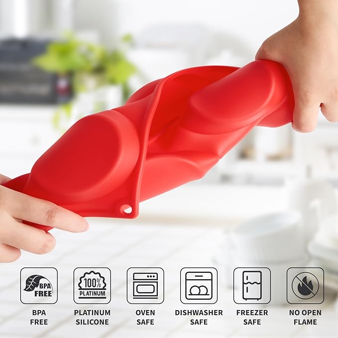 3 Pack Silicone Egg Bite Molds, 3 Inch Round Egg Molds for Breakfast Sandwiches Non-Stick Muffin Top Baking Pans for Eggs Sandwich, English Muffins, Whoopie Pies (Red)