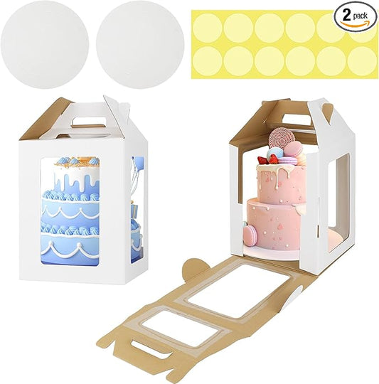 2 Pack Tall Cake Boxes with Cake Boards, 12x12x14 Inch Tiered Cake Box with 6 Windows, Layer Cake Carrier with Handle Bakery Take out Containers for Wedding Birthday Party (White-12x12x14 Inch-2 Pack)