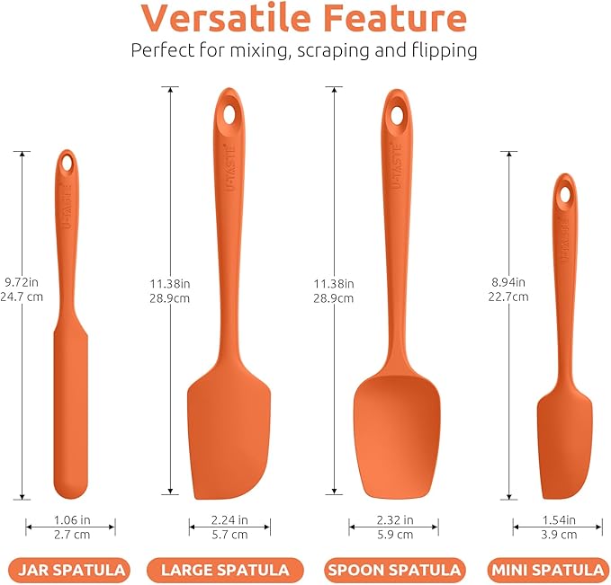 High Heat Resistant Silicone Spatulas: U-Taste 480ºF Hot Proof Food Grade Flexible Silicon Baking Scraper, Food Grade Rubber Kitchen Cooking Mixing Utensils for Nonstick Cookware Set of 4 (Orange)