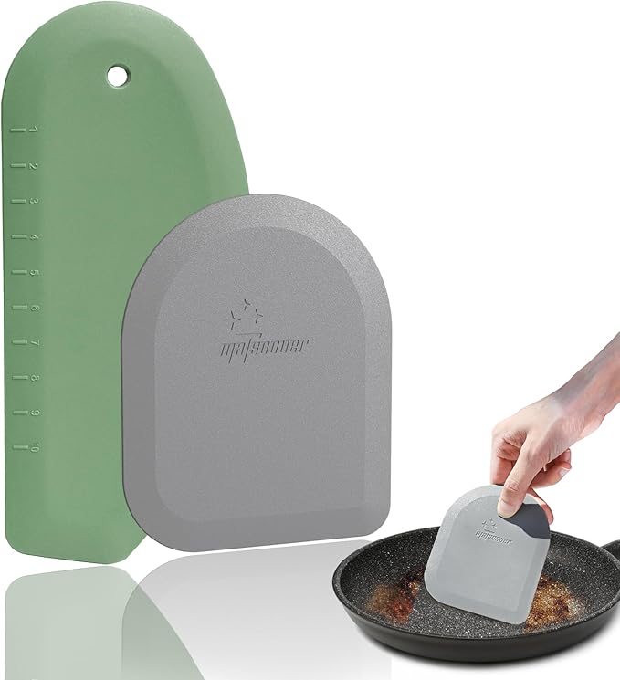 Bowl Scraper Dough Scraper Tool - Set of 2 Silicone Bench Scraper for Baking, Kitchen Pastry Scraper for Bread, Cake, Batter, cheese, Cream, Honey, Jam, Food Scraper with Curved Edge, Green & Grey