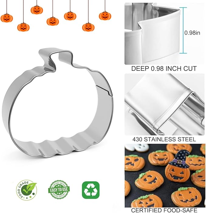 Halloween Cookie Cutters Set 7 Pieces - Large Bat, Ghost, Pumpkin, Witch Hat, Cat, Skull, Coffin Shapes, Stainless Steel Biscuit Molds for Holiday Baking Halloween Food Party Decorations