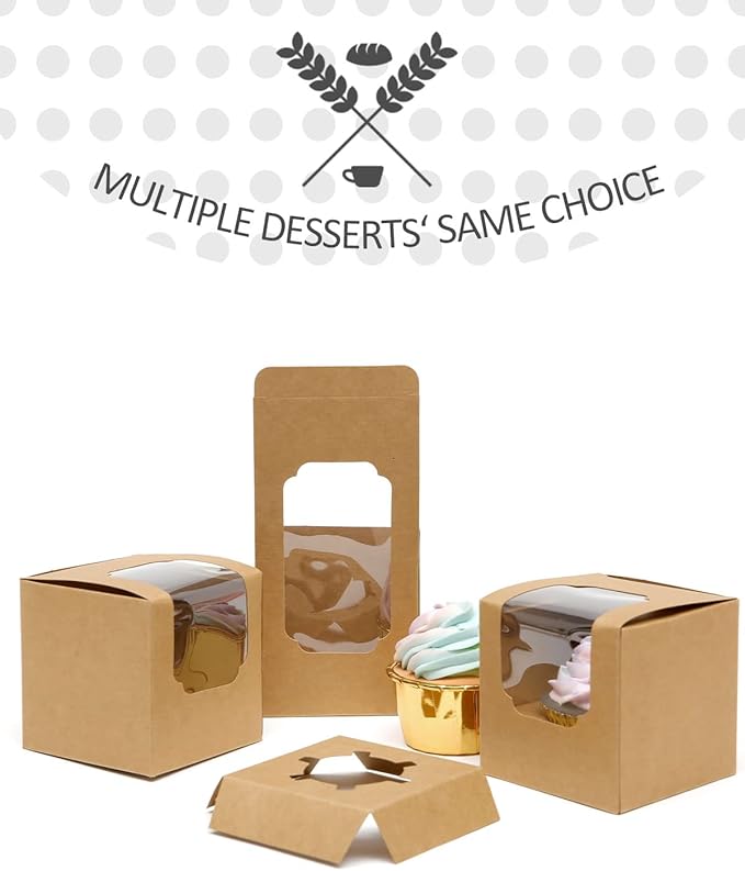 qiqee 60-Packs Cupcake Boxes Auto-pop up Individual Cupcake Container Brown Kraft 3.5" x 3.5" x 3.5" Single Cupcake Boxes