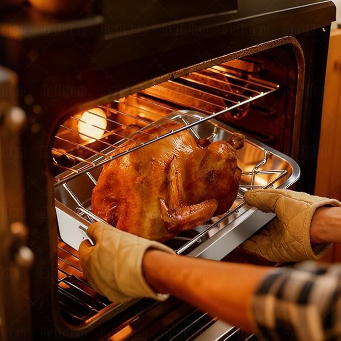 Roasting Pan Kit 15.5x11.5 Inch, Stainless Steel Turkey Roaster Baking Pan for Ovens-Heavy Duty Turkey Roaster V Rack & Cooling Rack, Deep Broiling Pan for Thanksgiving Christmas,Dishwasher Safe