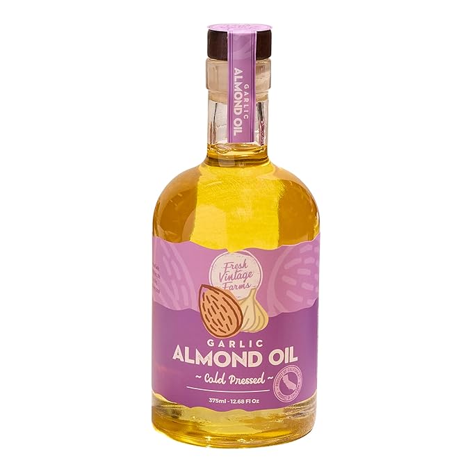 Fresh Vintage Farms 100% Cold Pressed Garlic Infused Oil | Wholesome & Nutritious Healthy Cooking Oil for Cooking, Baking, Grilling, Dipping, & Salads | Garlic Almond Oil - 12.68 Fl oz, Pack of 1