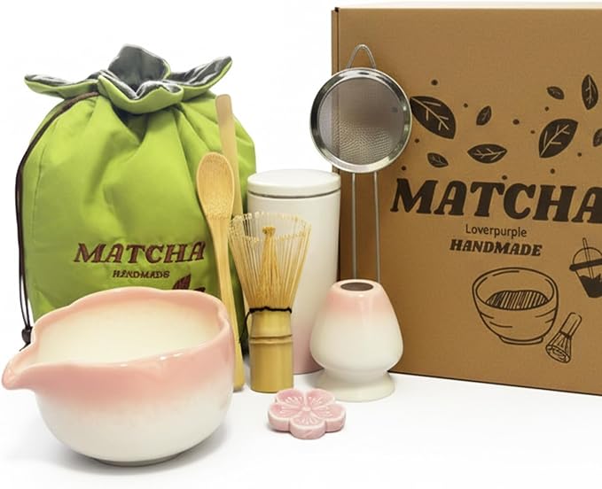 Matcha Whisk Set, 10 Pcs Large Set, Matcha Bowl with Whisk Holder and Spoon Rest All In One Bag, Sakura pink and Matcha Green, Perfect for Enthusiasts, Gift-giving, Christmas Gift