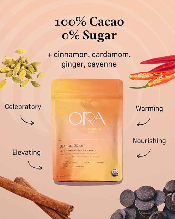 ORA Ceremonial Cacao - Oaxacan Spice - Organic 100% Cacao with Cinammon, Cardamom, Ginger - Ethical - High Flavanol - Unsweetened - Heavy Metals Tested - 16oz