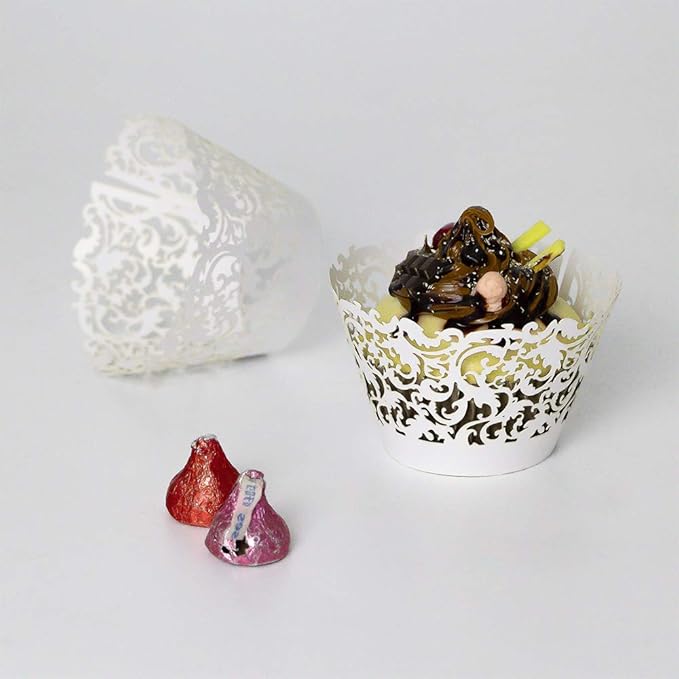 YOZATIA 60 White Vine Lace Cupcake Wrapper, Laser Cut Cupcake Liners for Weddings Birthdays Tea Parties and any Special Event- White