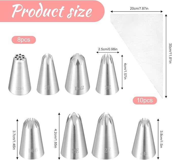 8 PCS Large Piping Tips Set with Bags, Frosting Piping Kit, Stainless Steel Icing Tips for Cake Decorating, Frosting, Multi-opening, Various Models