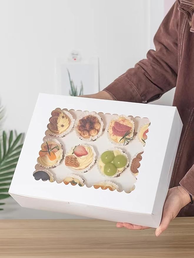 3-Set Cupcake Boxes Bulk with Clear Display Window Hold 12 Standard Cupcakes, Disposable Food Grade White Cupcake Carrier Cupcake Container, Perfect for Cupcakes Muffins Cookies Pastries