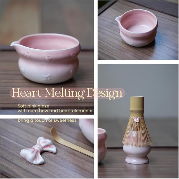 7pcs soft pink matcha whisk set with cute bow and heart motif - complete kit includes bamboo whisk, bowl, stand, scoop, sifter, tea towel -ideal gift for women and Japanese tea ceremony