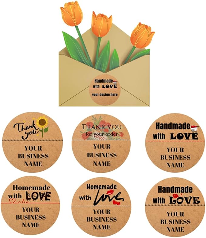 60-1000 pcs Custom Homemade with Love Sticker Tags,Personalize Business Logo Labels Thank You Kraft Label Stickers for Baking Packaging,Envelope Seals, Small Business (Kraft Paper 2)