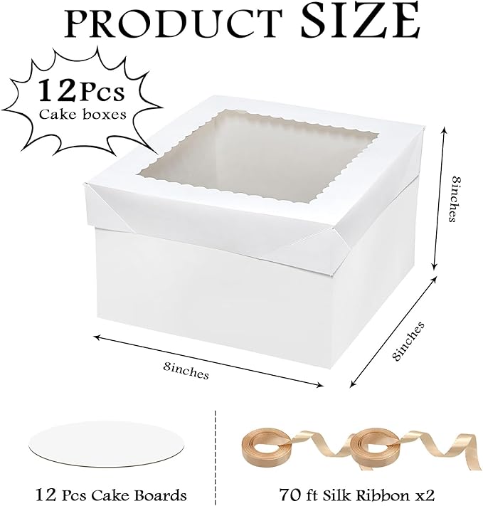 24PCS 8x8x8 Inches Cake Boxes with Boards—（12 Boxes with window & 12 Borads & 70ft Silk Ribbon） Square Baking Boxes