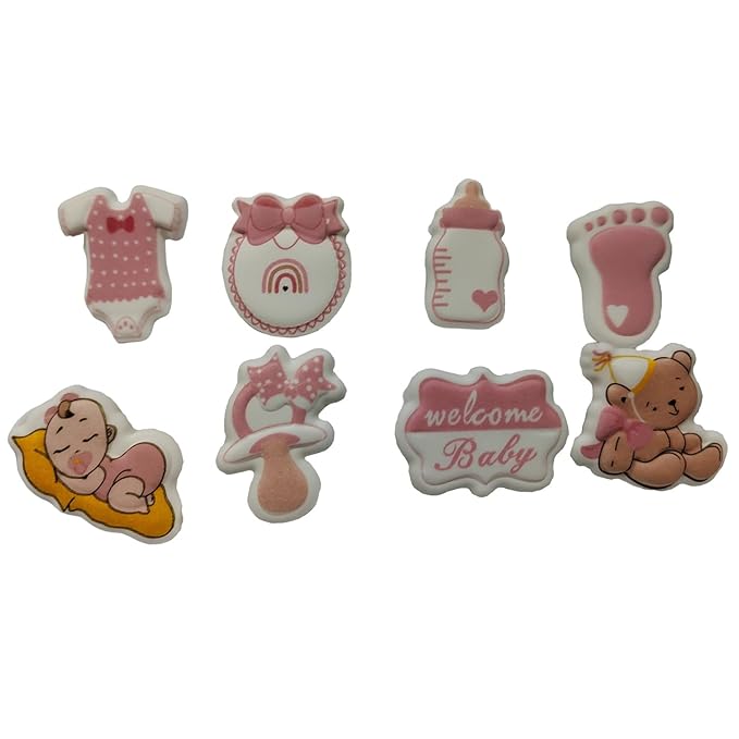 Edible 8pcs Pink Girls Baby Showers Themed Cake Decorations Dessert Sugar Sprinkles Party Cookie DIY Cake Cupcake Topper Icing Frosting Decoration Holiday Supplies