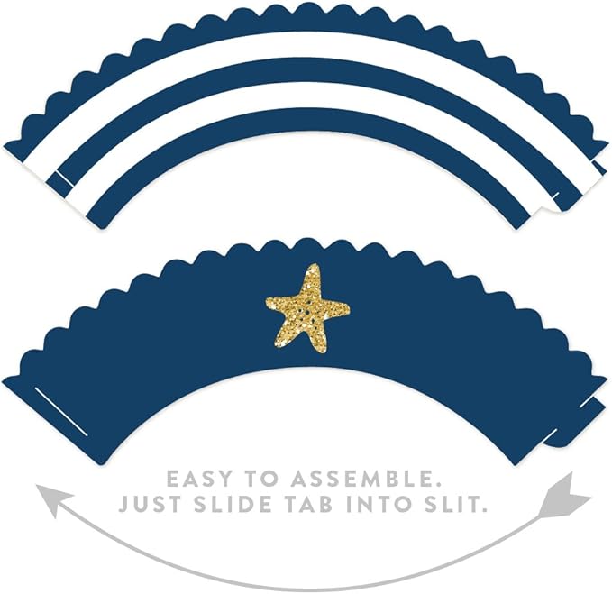 Andaz Press Party Cupcake Wrapper Decorations, Navy Blue Stripes and Faux Gold Glitter Starfish, 24-Pack, Nautical Sailing Ocean Wedding Bridal Baby Shower Birthday Theme Colored Bulk Cake Supplies