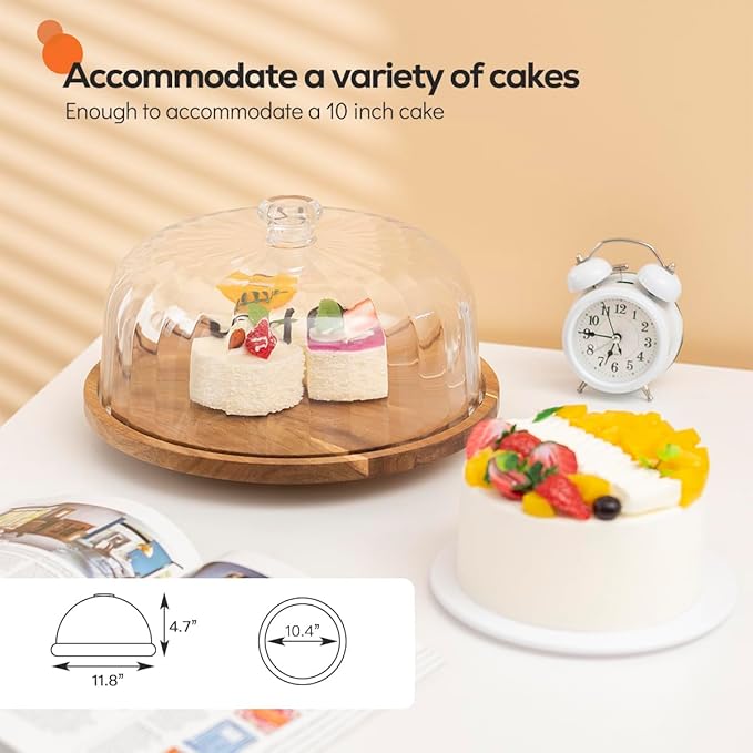 cutesun acacia wood cake stand with lid, 11.8'' Rotating Cake Stand with Dome, Shaterproof 10.4'' Acrylic Cake Display Cover, Cake Holder Tray for Wedding Gift，Kitchen,Birthday,Parties,Baking Gifts