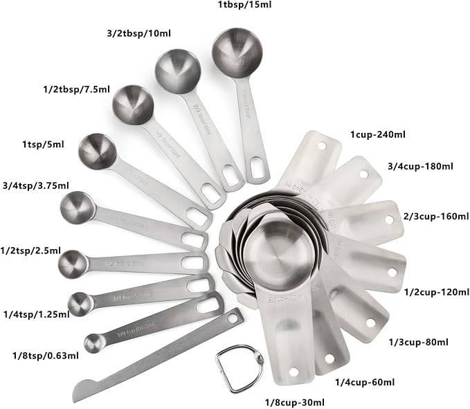 Measuring Cups and Spoons Set Stainless Steel 7 Stackable Measuring Cups 8 Nesting Measuring Spoons and 1 Leveler for Dry and Liquid Ingredients