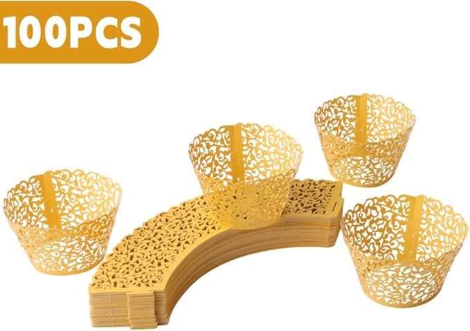 100pcs Yellow-Gold Cupcake Wrappers Artistic Bake Cake Paper Cups Little Vine Lace Laser Cut Liner Baking Cup Muffin Case Trays for Wedding Party Birthday Decoration (Gold)