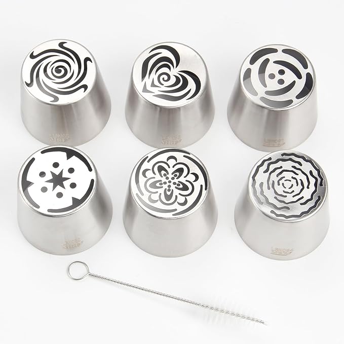 Extra Large Russian Piping Tip Set - 6 Stainless Steel Marshmallow Buttercream Framing Nozzles for 3D Roses Tulip Cake Decorations and Marshmallow Bouquets, Includes 1 Cleaning Brush(6I)