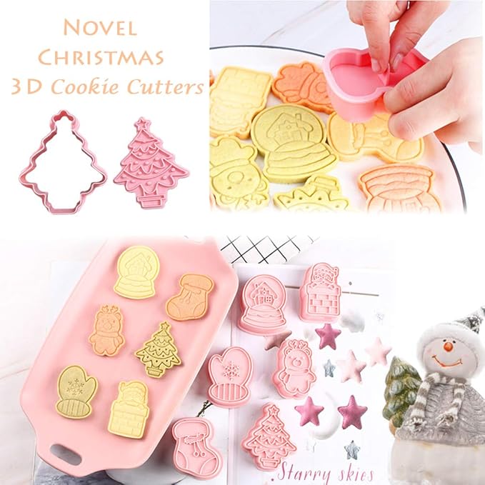 Novel Christmas Cookie Cutters and Stamper, Xmas Tree, Glove, Reindeer, Santa, Sock, House 3D Cookie Cutters Set for Christmas Baking (Pack of 12)
