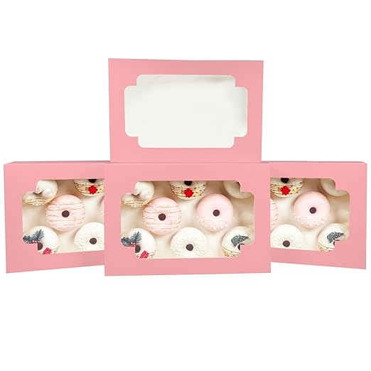 qiqee Auto-pop up Pink Cookie Box with Window 12x8x2.5 inch 18 Packs Two Uses One Second Folding Pastry Biscuit Bakery Box for Packaging