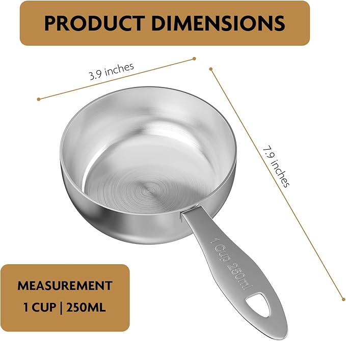 1PCS 1Cup(250ml) Stainless Steel Measuring Cup, Heavy-duty Single Metal Scoop for Wet and Dry Ingredients, Great Kitchen Gadgets for Cooking