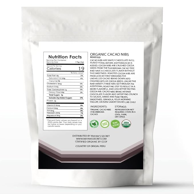 Mayans Secret = 1lbs USDA Certified Cacao Nibs Organic Cocoa Nibs Raw Organic Superfood, Gluten Free Pure Delicious Chocolate Essence