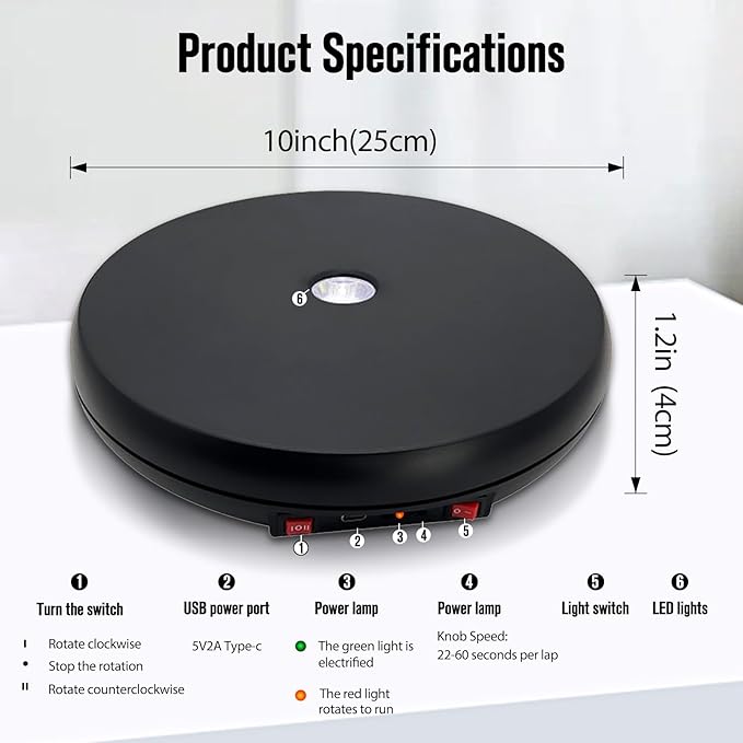 JAYEGT Motorized Rotating Display Stand with LED Light , 10 inch /55lbs Load, 360 Degree Electronic Turntable Display Stand for Photography Products Shows, Jewelry, Watch, 3D Models, Cake (Black)