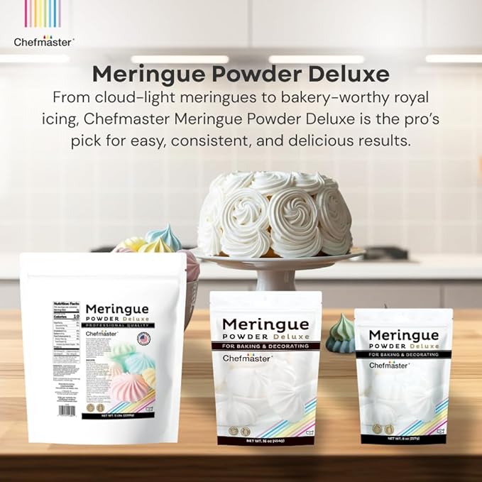 Chefmaster Meringue Powder Deluxe, Professional-Grade Egg White Substitute for Meringue Cookies, Pie Filling, Royal Icing, Non-GMO, Easy-to-Use, Made in USA, 16 oz
