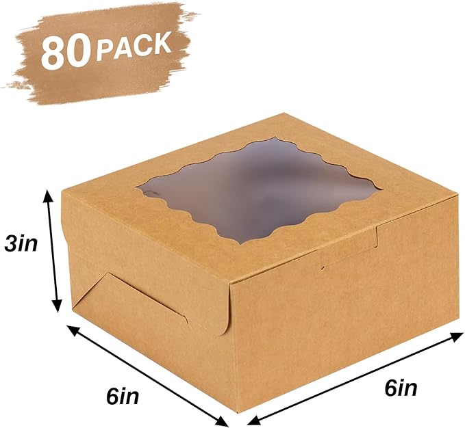 Moretoes 80pcs Brown Bakery Boxes with Window, 6x6x3 Inches Small Cookie Boxes for Treats, Pastries, Chocolate Covered Strawberries, Macarons, Cupcakes, Goodies, Donuts