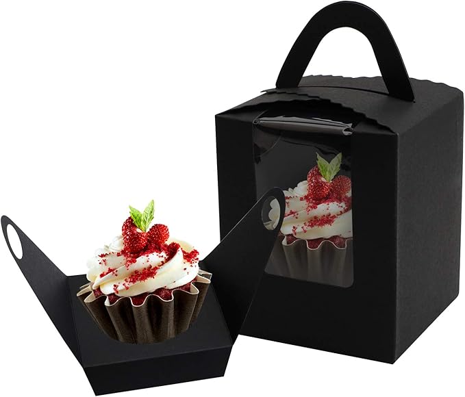 EUSOAR Cupcake Boxes Individual Black 50pcs 3.6"x 3.6"x 4.3" Cupcake Carrier with Insert and Display Holders, Party Favor Bakery To Go Wrapping Packing Cupcake Muffin Carry Boxes Container
