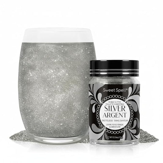 Sweet Spell Edible Glitter (15g) - Shimmer Sparkles for Drinks, Cakes, Cocktails - 100% Edible & Food Grade Glitter, Vegan, Gluten-Free (Silver)