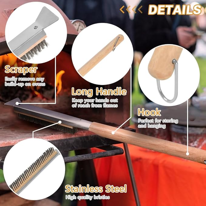 Pizza Oven Brush, 21" Brush and Stainless Steel Scraper for Pizza Stone, BBQ Grill Cleaning Brush Non Scratch Heat Proof Stainless Steel Bristles with Screwdriver for Pizza Oven Accessories