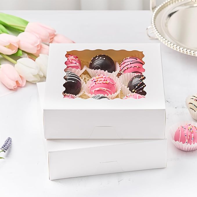 Kucoele 20 PCS Pie Boxes, 8 x 8 x 2.5 Inches Bakery Boxes with Window, Auto-Popup Cookie Boxes White Treat Boxes for Chocolate Strawberries, Pastries, Muffins, Donuts