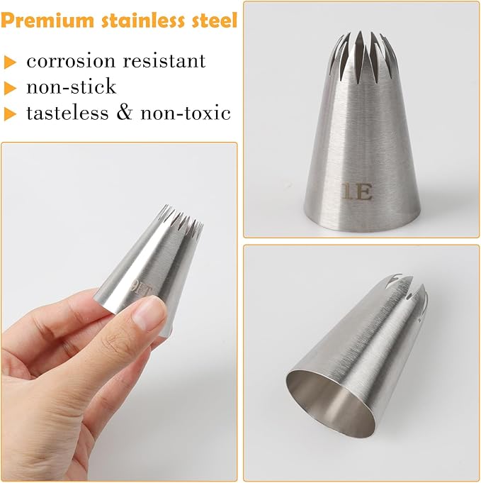5Pcs Large Piping Tips Set Food Grade Stainless Steel Cake Decorating Tips Frosting Piping Kit for Cupcakes Cake Pastries Cookie Decorating Supplies Baking Set Tools (1A 1E 1C 9FT 356)