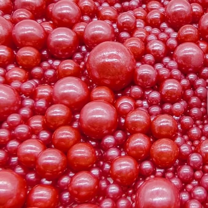 Edible Red Sugar Pearls Sprinkles Candy Mix Size Pearls Cake Decorations Cupcake Toppers Cookie Decorating Perfect for Wedding Party Valentine Halloween Christmas Supplies 4.58OZ