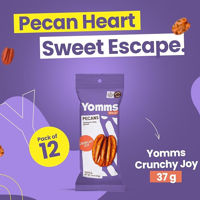 Yomms Crunchy Joy Pecans Halves – Low Sugar Healthy Dessert Snack | Coconut & Crunchy Pecan Snack | Lightly Sweetened, Honey Roasted Mixed Nuts | Great for Snacking, Salads - 1.3oz - Pack of 12