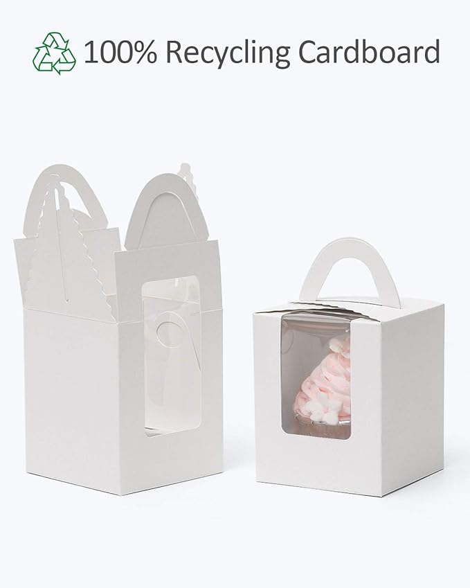 qiqee 60pcs Cupcake Boxes Individual Disposable White Single Box with Window 3.6 * 3.6 * 4.3inch Cupcake Containers/Holders