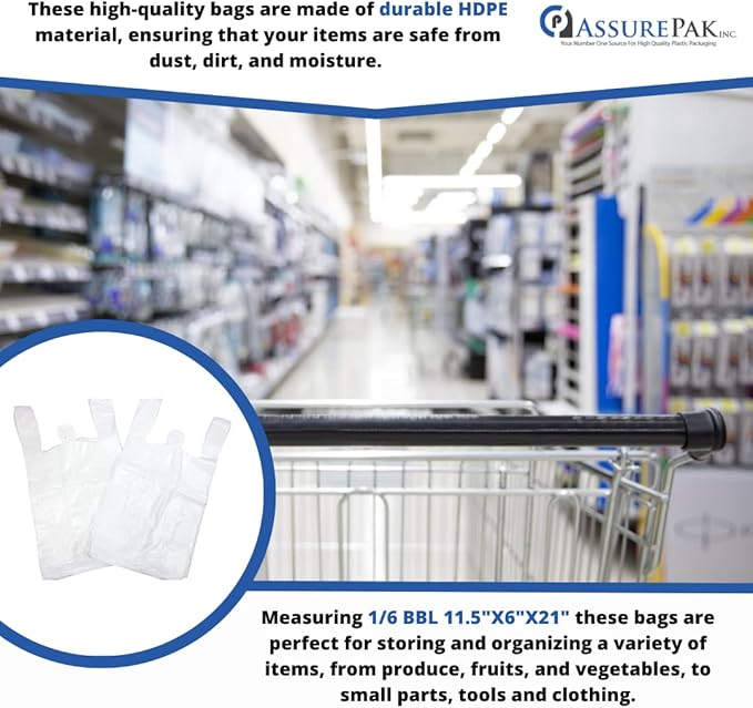 ASSUREPAK White Unprinted HDPE T-Shirt Bags - 1000 Units - 1/6 BBL 11.5"X6"X21" -13 microns - White - Perfect for Groceries, Shopping, Boutique Bags and Retail Stores - LOOP-WHITE-EO