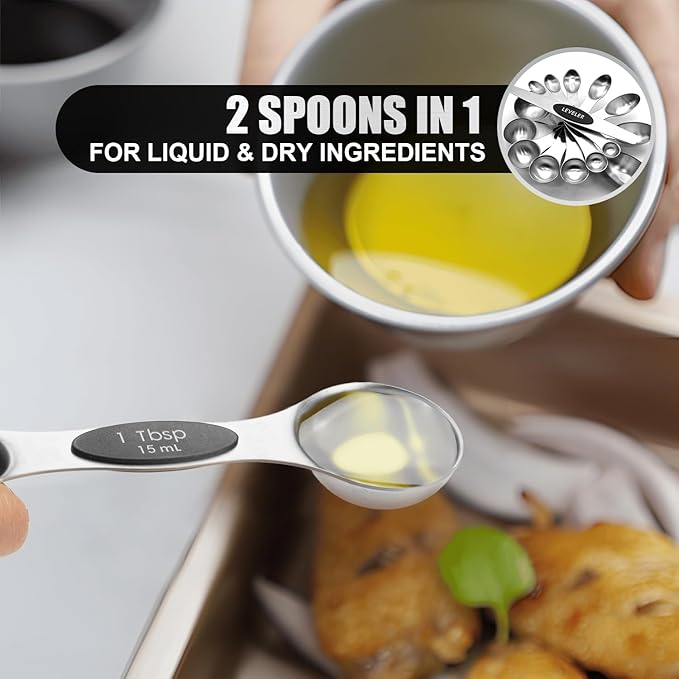 SHIKORI Magnetic Measuring Spoons Set of 8 Stainless Steel Stackable Dual Sided Nesting Teaspoons and Tablespoons for Measuring Dry and Liquid Ingredients-Black