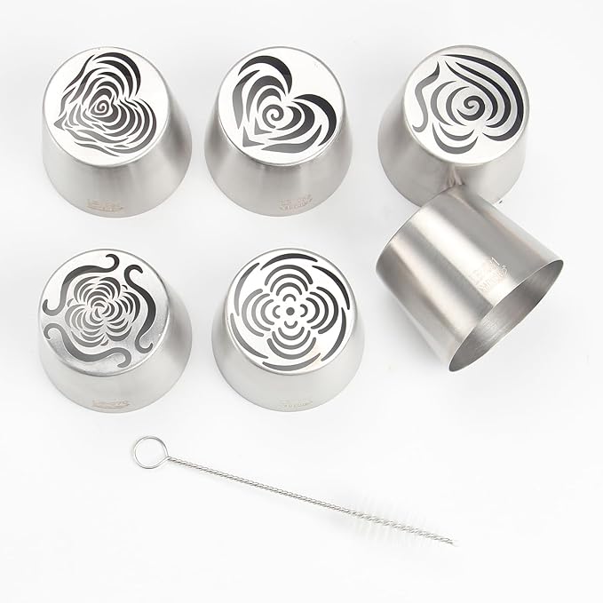 Extra Large Russian Piping Tip Set - 6 Stainless Steel Marshmallow Buttercream Framing Nozzles for 3D Roses Tulip Cake Decorations and Marshmallow Bouquets, Includes 1 Cleaning Brush(6H)