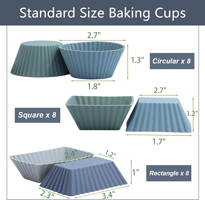 24Pack Silicone Muffin Cups, Reusable Cupcake Liners Molds for Baking, 3 Shapes Lunch Box Bento Dividers-Round, Square, and Rectangular (Grey Series, Regular Size)