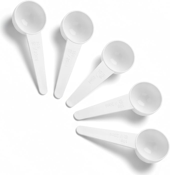 10g Plastic Measuring Spoons (20ml) – Pack of 5 Large Scoops for Protein Poweder, Creatine, Coffee, Lab, Baking, Laundry, Canisters, Dry Goods – Approx. 2 Teapoon Scoop (tsp)