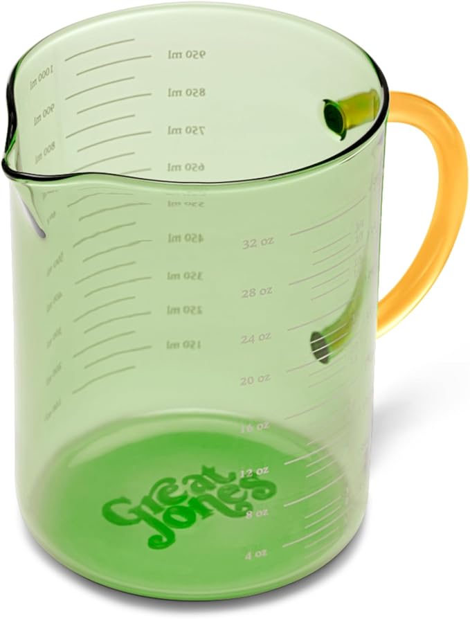 Great Jones Beyond Measure 4-Cup Glass Measuring Cup | Durable Borosilicate Glass with Easy-Read Markings, Precision Pour Spout | Microwave & Dishwasher Safe | Broccoli 5.5 x 4 Inches