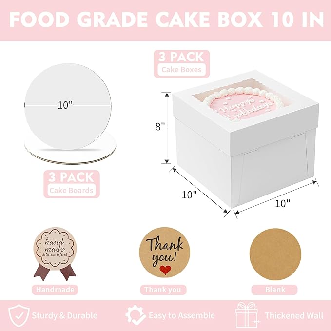 10 Pack Cake Boxes, 10x10x8 Inches Tall Cake Box with Cake Boards, White Bakery Boxes with Window, Disposable Cake Containers with Lids for Cake, Donuts, Pies, Cookies, Wedding, Birthday, Party