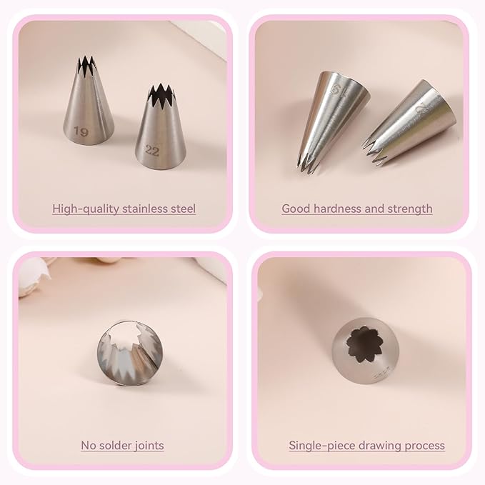 9 Pieces Open Star Piping Tips Set, French Star Tube Set, Stainless Steel Icing Tips, Star Pastry Tips, Frosting Nozzle Kit for Cake Decorating, Sizes 14-22