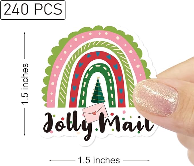 Wailozco 240 PCS Jolly Mail Rainbow Stickers,Cute Small Business Envelopes Stickers for Business Packages/Handmade Goods/Bags ,Christmas Theme Small Shop Business Stickers for Envelopes Seals