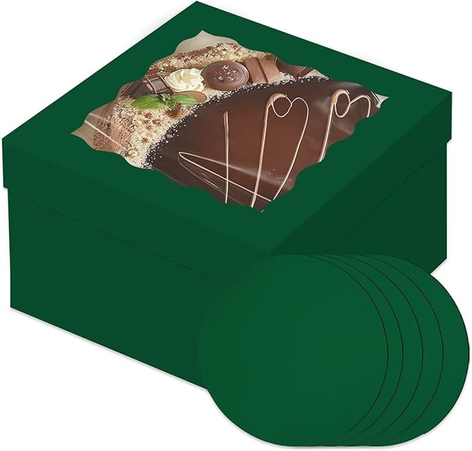 Bakepacker 36pcs 12x12x8 Inches Cake Boxes with Window 18-Packs Green Cake Boxes 12 Inch Bakery Boxes (18 Cake Boxes +18 Cake Boards Included)
