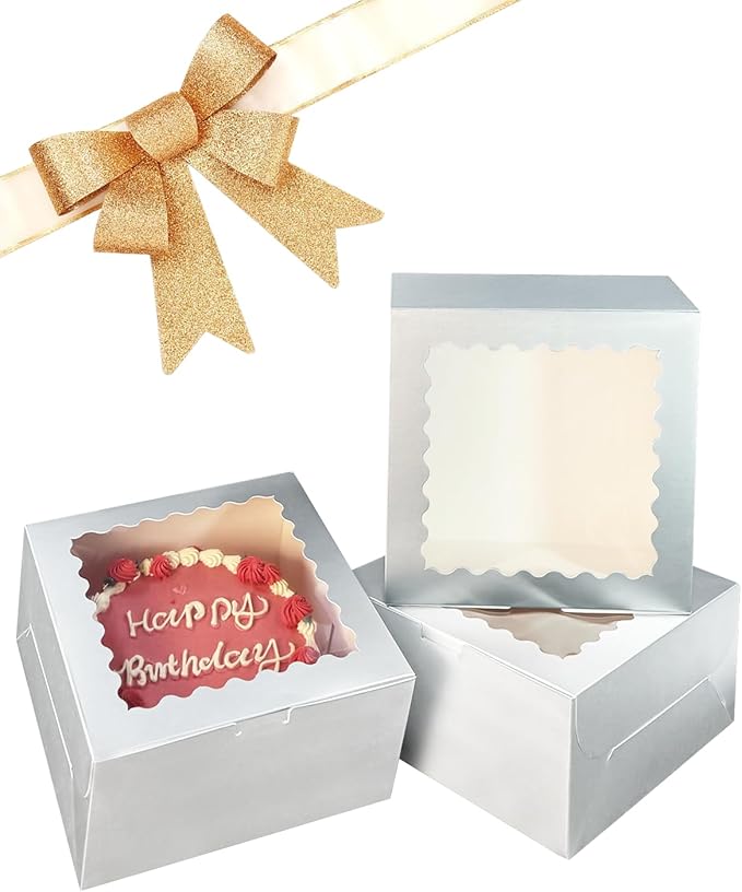 Bakepacker 36pcs 8x8x5 Inches Cake Boxes with Window 18-Packs Silver Cake Boxes 8 Inch Bakery Boxes (18 Cake Boxes +18 Cake Boards Included)